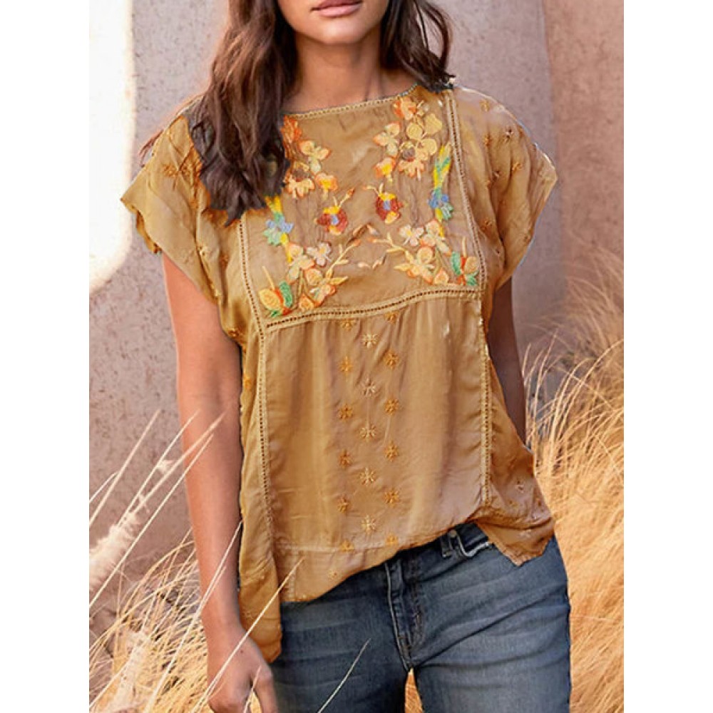 Women Casual Embroidered Short Sleeve Blouse