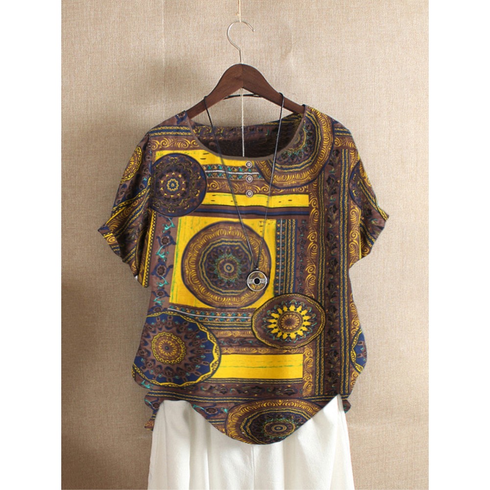 Women Ethnic Print Short Sleeve Crew Neck T-Shirts