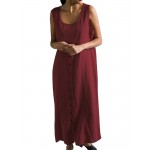 Women Cotton Solid Color O-Neck Button Down Sleeveless Dress