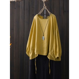 Women Loose Cotton Solid Color Round Neck Long Sleeve T-Shirts