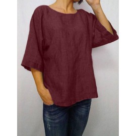 Women Solid Color 3/4 Sleeve Crew Neck Blouse