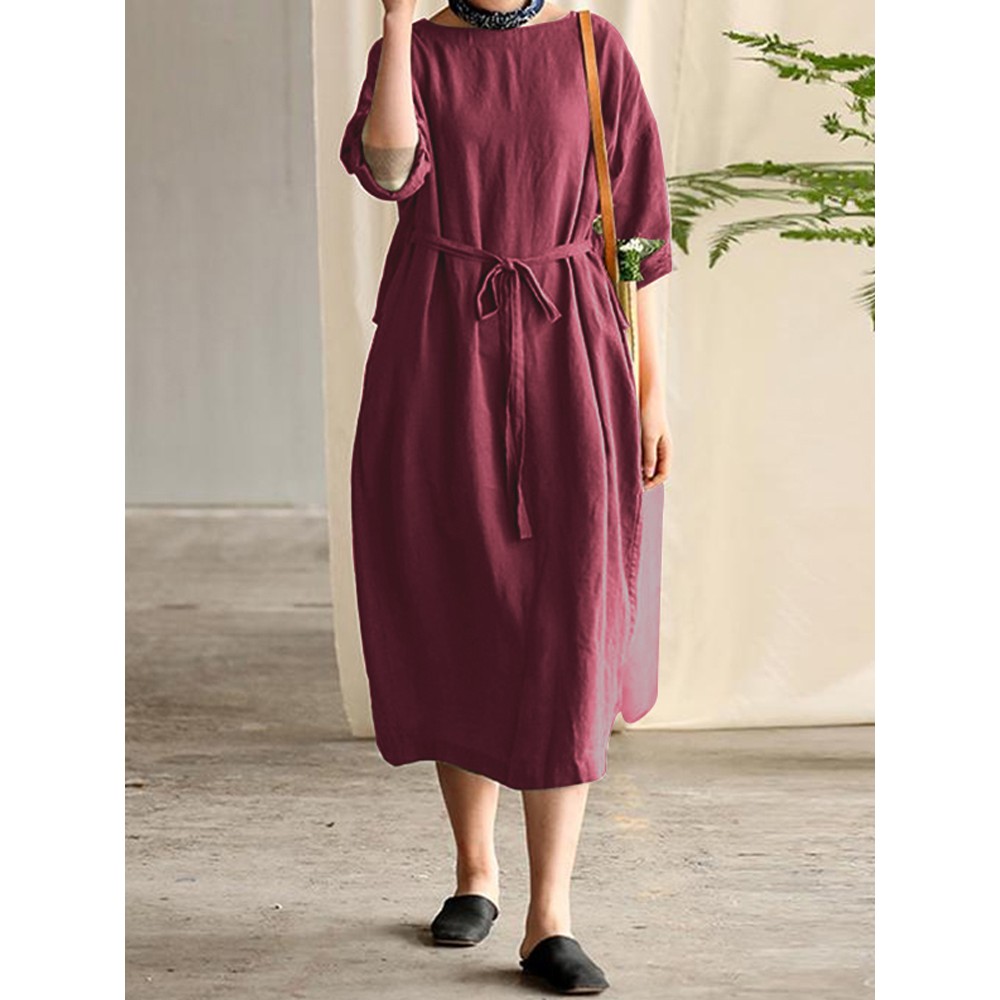 Women Cotton 3/4 Sleeve O Neck Casual Loose Side Pockets Long Maxi Dress