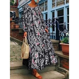 Women Vintage Long Sleeve Crew Neck Floral Print Maxi Dress