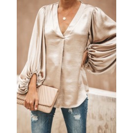 Women Solid Color V-neck Lantern Sleeve Shirts