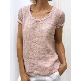 Women Solid Color Short Sleeve Round Neck Pleated Casual T-Shirts