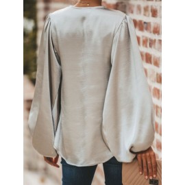 Women Solid Color V-neck Lantern Sleeve Shirts