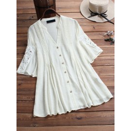 Women Solid Color Hollow Out Patchwork Blouse