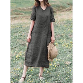 Women Casual Cotton Loose Bandage Midi Dress