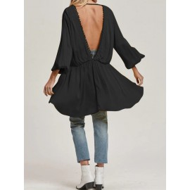 Women Long Sleeve V Neck Loose Casual Blouse Flared Tops