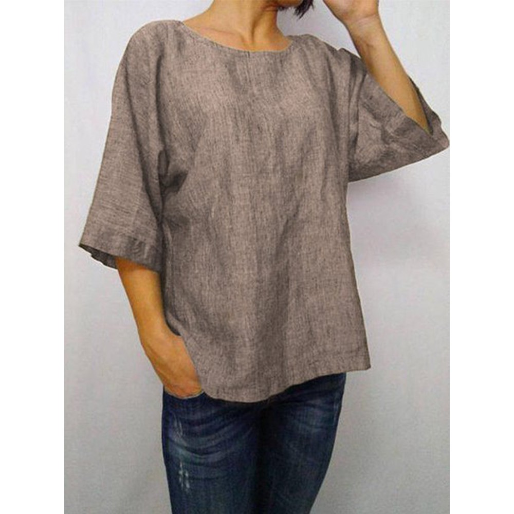 Women Solid Color 3/4 Sleeve Crew Neck Blouse