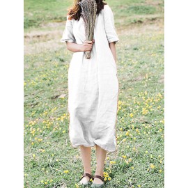 Women Casual Cotton Loose Bandage Midi Dress