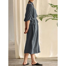 Women Cotton 3/4 Sleeve O Neck Casual Loose Side Pockets Long Maxi Dress