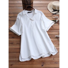 Solid Color V-Neck Turn-down Collar Button Wowen Blouse