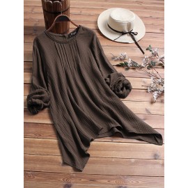 Women Cotton Pure Color Irregular Hem Long Sleeve Blouse