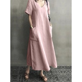 Women Cotton Short Sleeve V-neck Side Pocket Solid Midi Dress