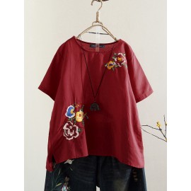 Women Embroidered O-Neck HighLow Hem Short Sleeve Blouse