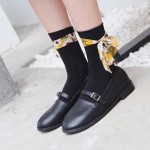 Women Students Casual Combed Cotton Middle Tube Socks With Chiffon Flower Strip