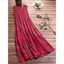 Women Print Folk Style V-Neck Sleeveless Dress