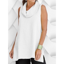 Women Cotton Sleeveless Split Hem Solid Casual Tank Tops