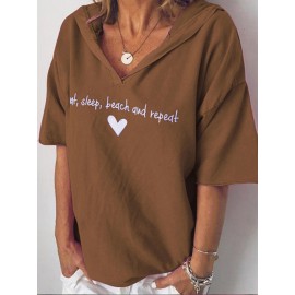 Letter Print Casual V-Neckline Half Sleeve T-shirts