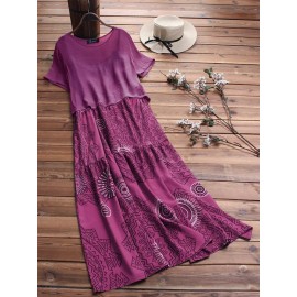 Women Short Sleeve Print Patchwork Maxi Dress