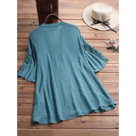 Women Solid Color Hollow Out Patchwork Blouse