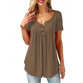 Women Round Neck Short Sleeve Button Up Casual Loose Tops