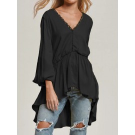 Women Long Sleeve V Neck Loose Casual Blouse Flared Tops