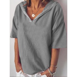 Women Short Sleeve V-neck Solid Casual Blouse