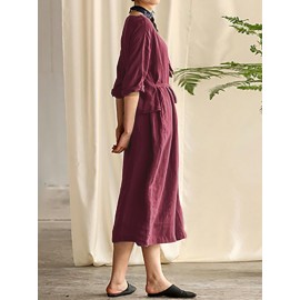 Women Cotton 3/4 Sleeve O Neck Casual Loose Side Pockets Long Maxi Dress