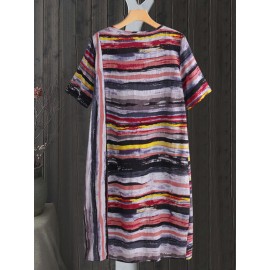 Women Casual Short Sleeve O-neck Stripe Dress