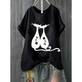 Women Print Fish Bone Cats Short Sleeve Casual Cute T-Shirts