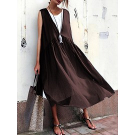 Women Casual Pure Color Cotton Loose Sleeveless Dress