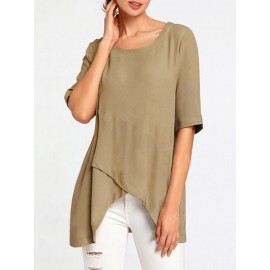 Women Solid Half Sleeve Cotton Irregular Hem Blouse