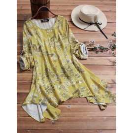 Women Floral Print Loose Irregular Hem Blouse