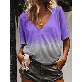 Women Casual Half Sleeve V Neck Gradient Shirts Tops