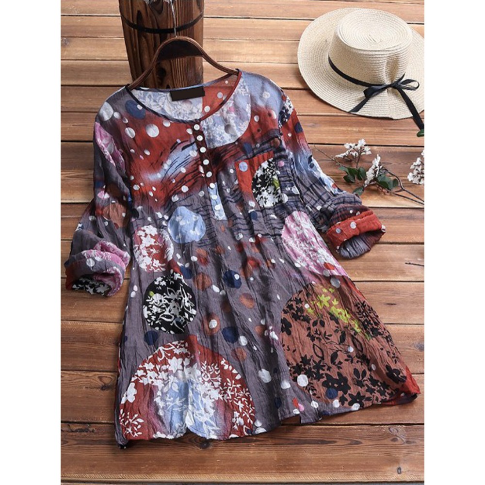 Women Retro Art Print Pleated Long Sleeve Blouse