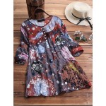 Women Retro Art Print Pleated Long Sleeve Blouse