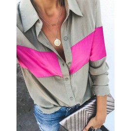 Women Turn Down Collar Patchwork Button Long Sleeve Shirts