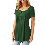 Women Round Neck Short Sleeve Button Up Casual Loose Tops