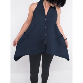 Women Sleeveless Button Down Solid Color Asymmetric Blouse