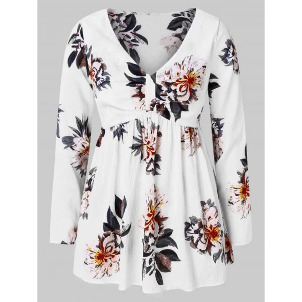 Women Floral Print V-Neck Long Sleeve Blouse