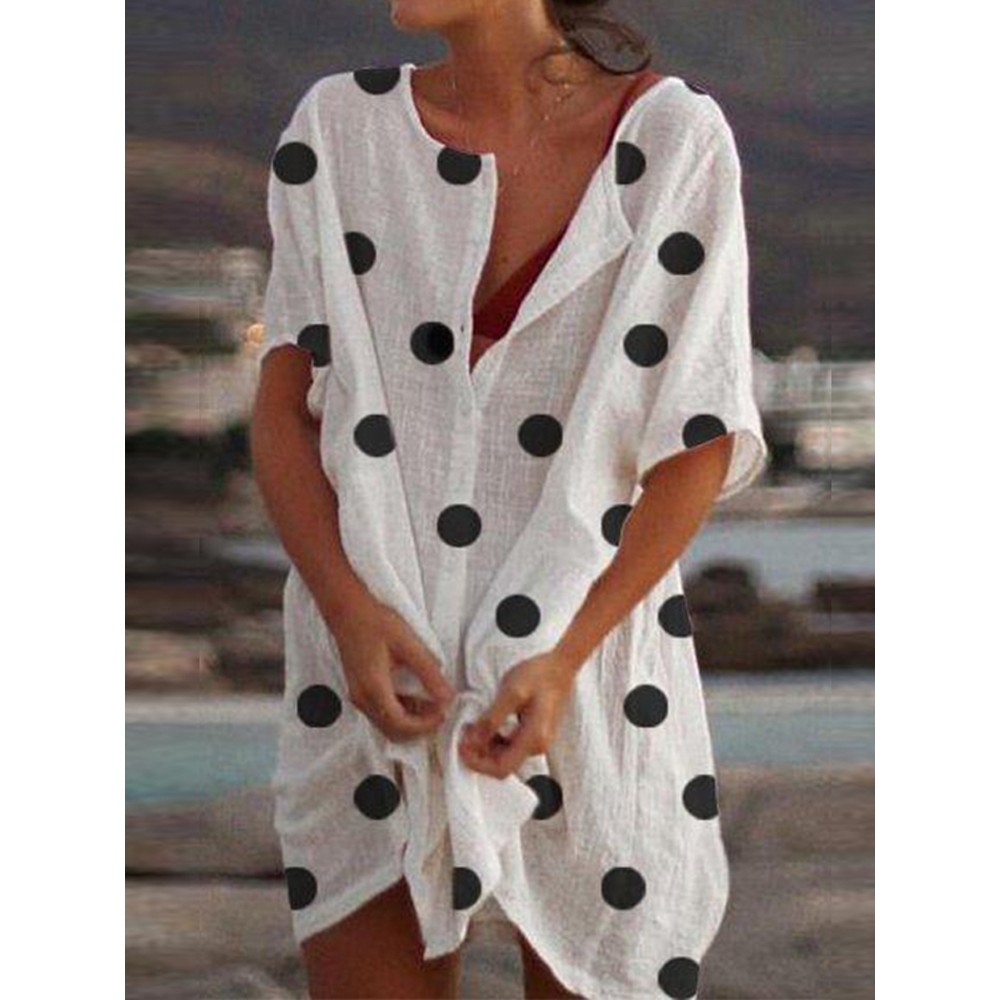 Women Short Sleeve Polka Dot Print V-neck Casual Dress