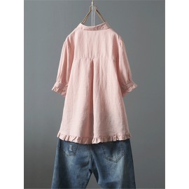 Women Vintage Button Turn Down Collar Half Sleeve Solid Color Shirts