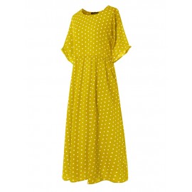 Women Polka Dot Print Short Sleeve O-neck Maxi Dress