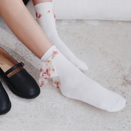 Women Students Casual Combed Cotton Middle Tube Socks With Chiffon Flower Strip