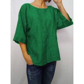 Women Solid Color 3/4 Sleeve Crew Neck Blouse