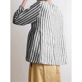 Women Crew Neck 3/4 Sleeve Casual Cotton Striped Blouse