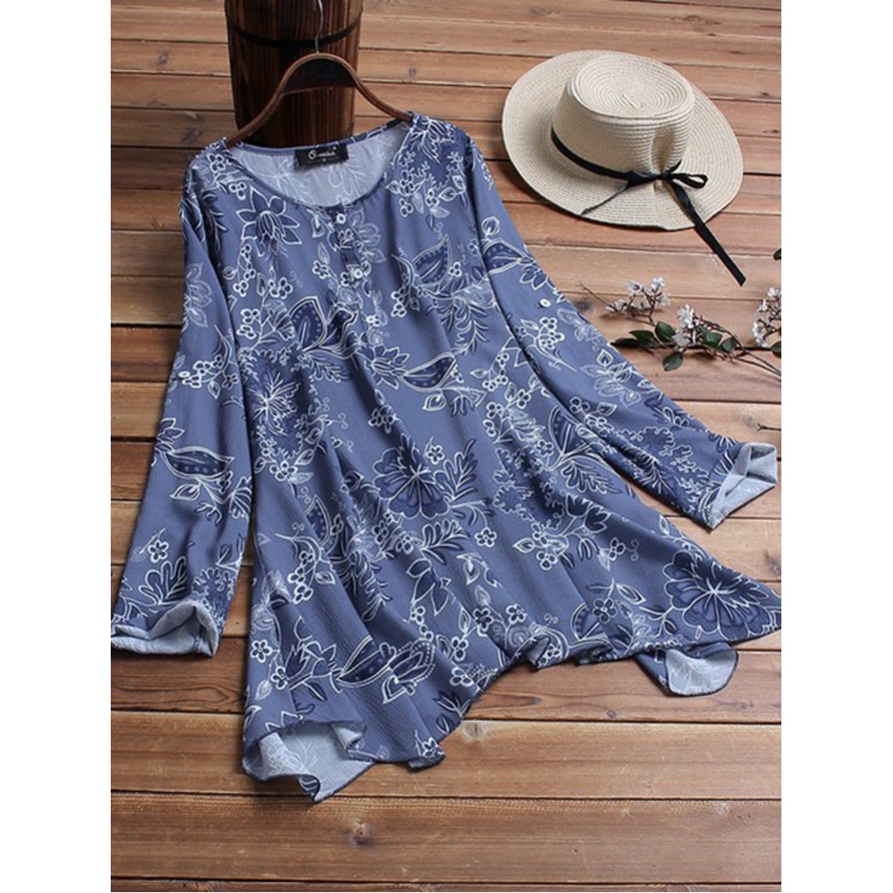 Women Floral Print Loose Irregular Hem Blouse