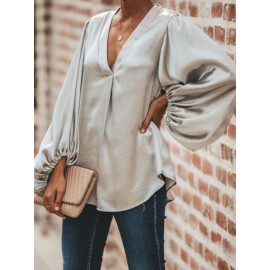 Women Solid Color V-neck Lantern Sleeve Shirts